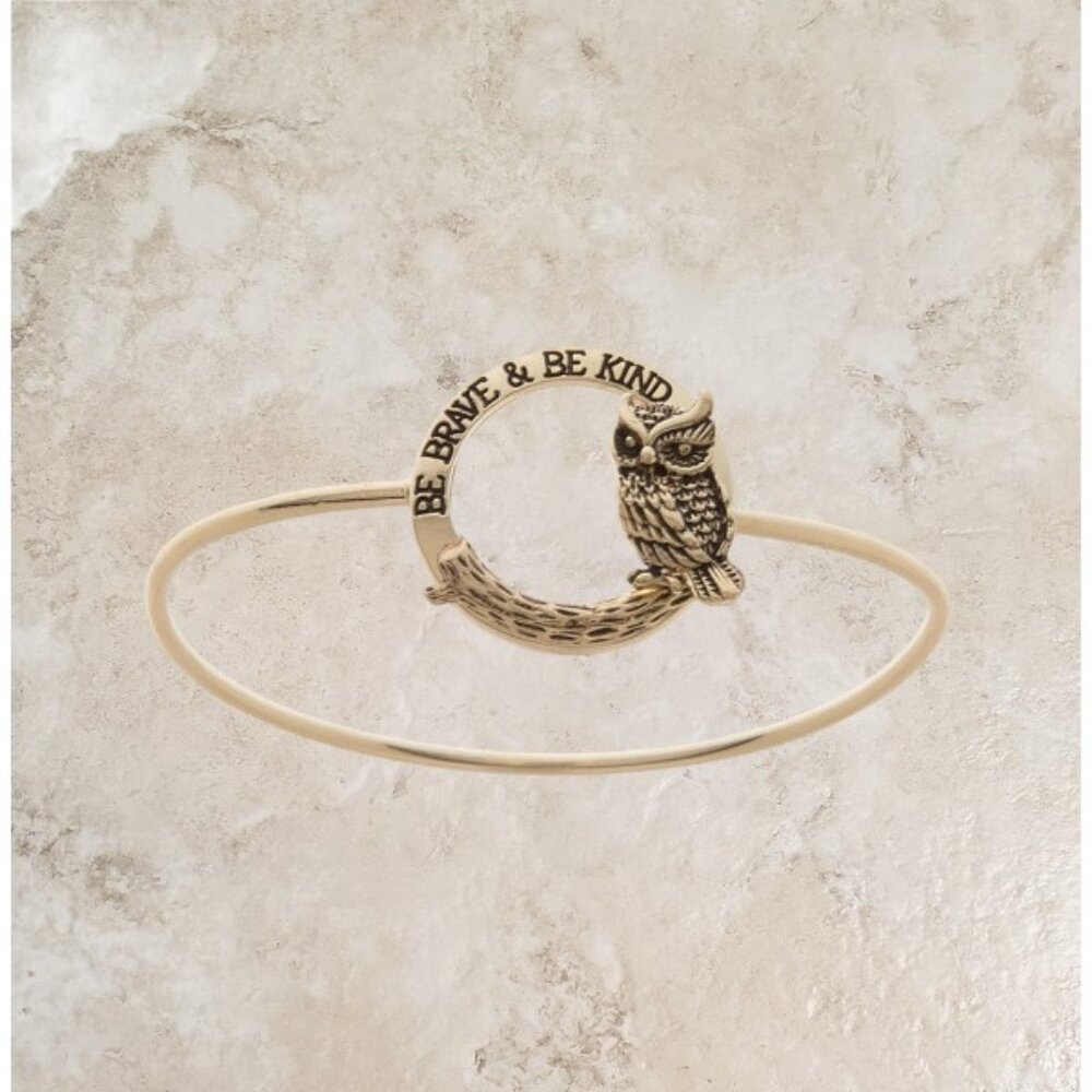 Goldtone Be Brave & Be Kind Imprint Owl Hinge Bangle Bracelet